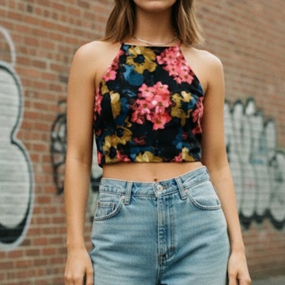 Abercrombie & Fitch dark floral halter crop top sz s y2k 90s back zip